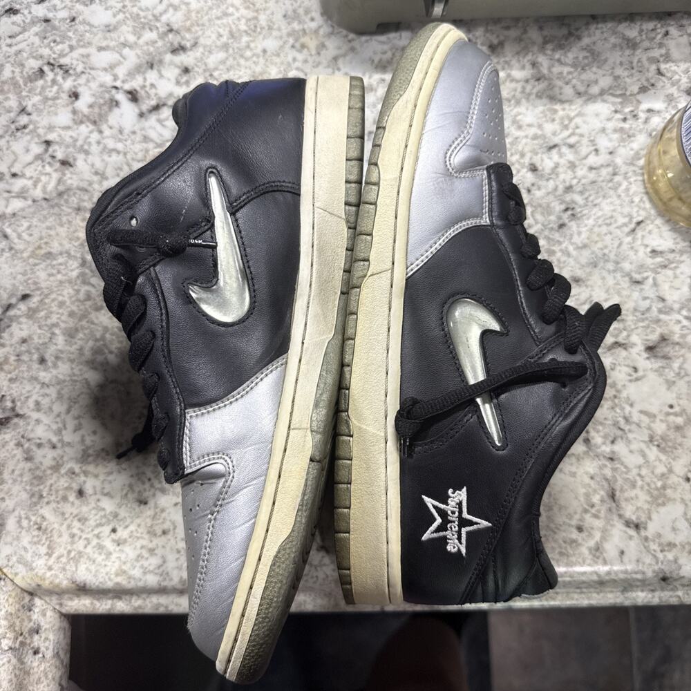 Nike SB Dunk Low Supreme Jewel Swoosh Silver Size 9.5